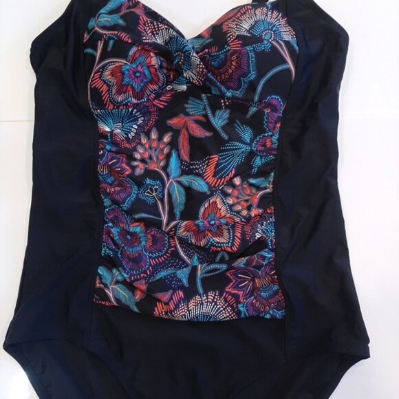 KRISTA One Piece Swimsuit Tropical Floral Panel Solid Black Tummy Control Modest - Picture 4 of 12